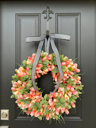 Peach Fuzz Tulip Wreath with Mint Leaves - TwoInspireYou