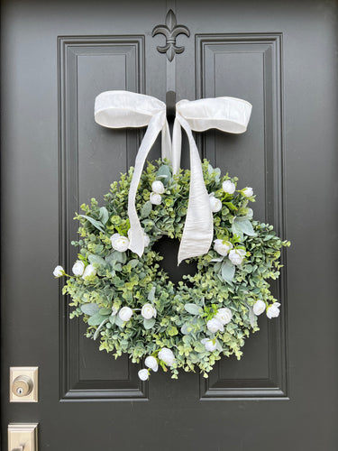 Spring Eucalyptus, Lamb's Ear, and Cream Ranunculus Wreath - TwoInspireYou