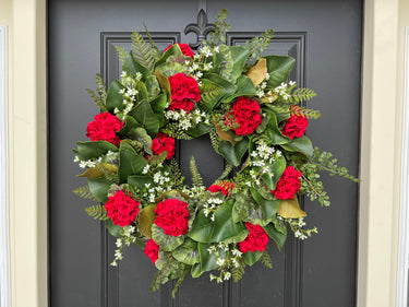 Summer Red Geranium Wreath with Magnolia and Fern - TwoInspireYou