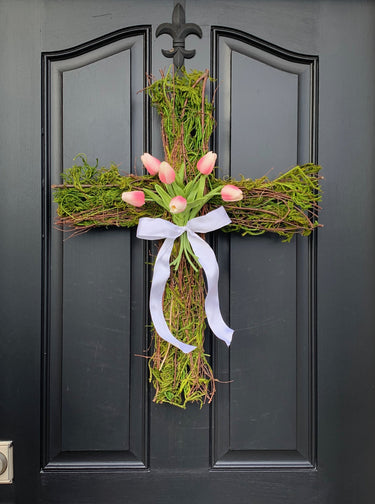 Easter Cross Wreath with pink tulips