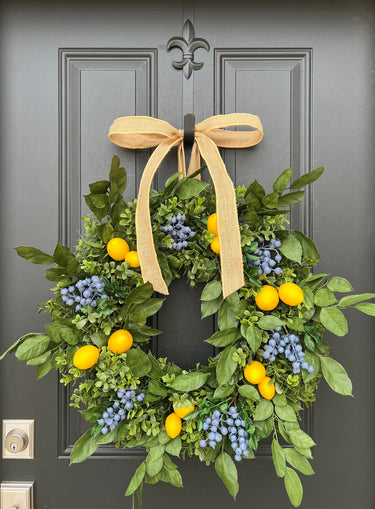 Lemons and Blueberries Wreath with Burlap Ribbon - TwoInspireYou