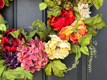 Colorful Bold Garden Wreath with Peonies, Hydrangeas and Dahlias - TwoInspireYou
