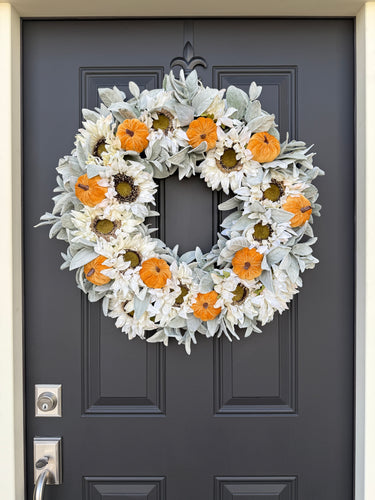 White Sunflower and Pumpkin Fall Wreath | Autumn Door Décor - TwoInspireYou