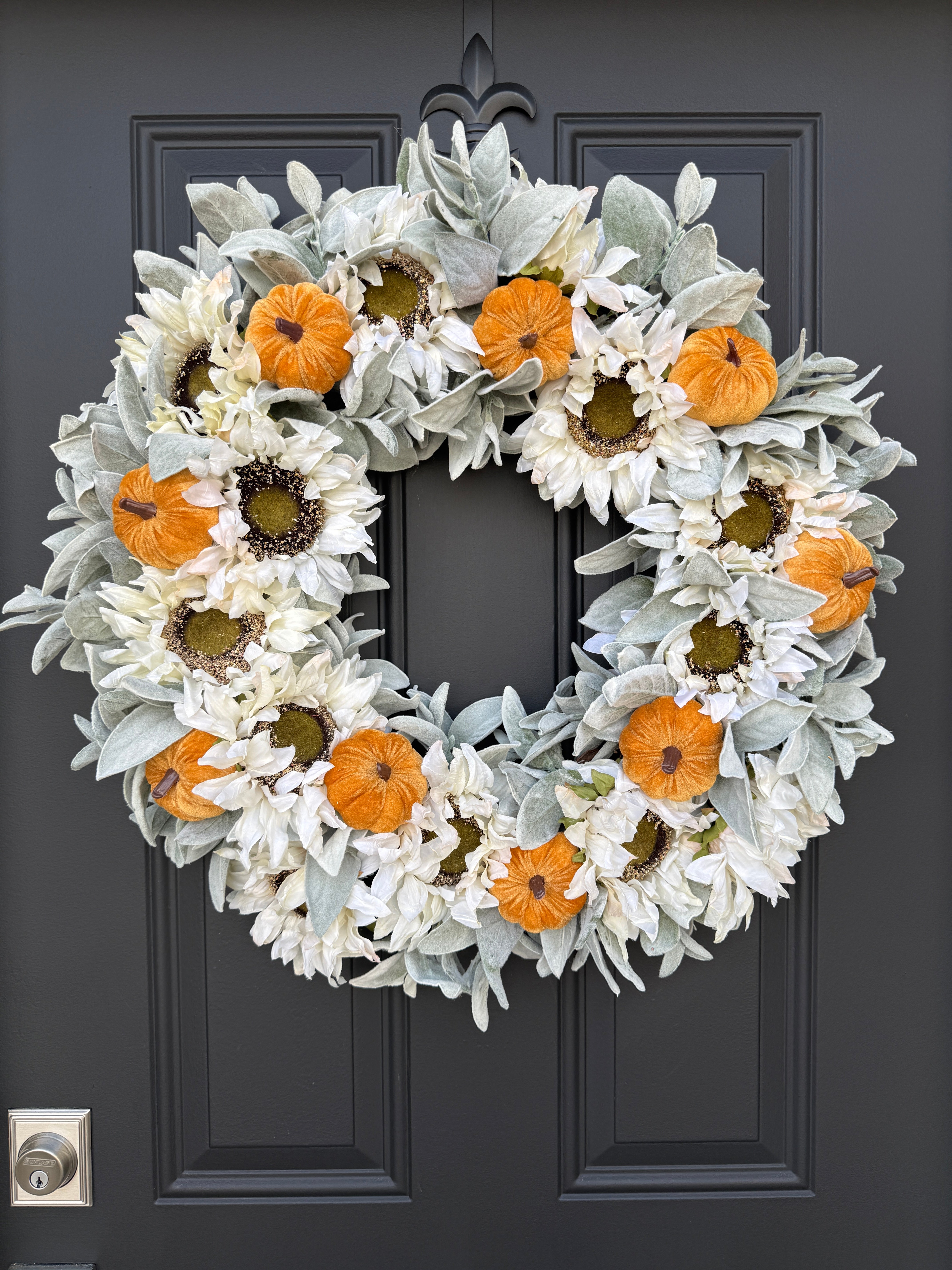White Sunflower and Pumpkin Fall Wreath | Autumn Door Décor