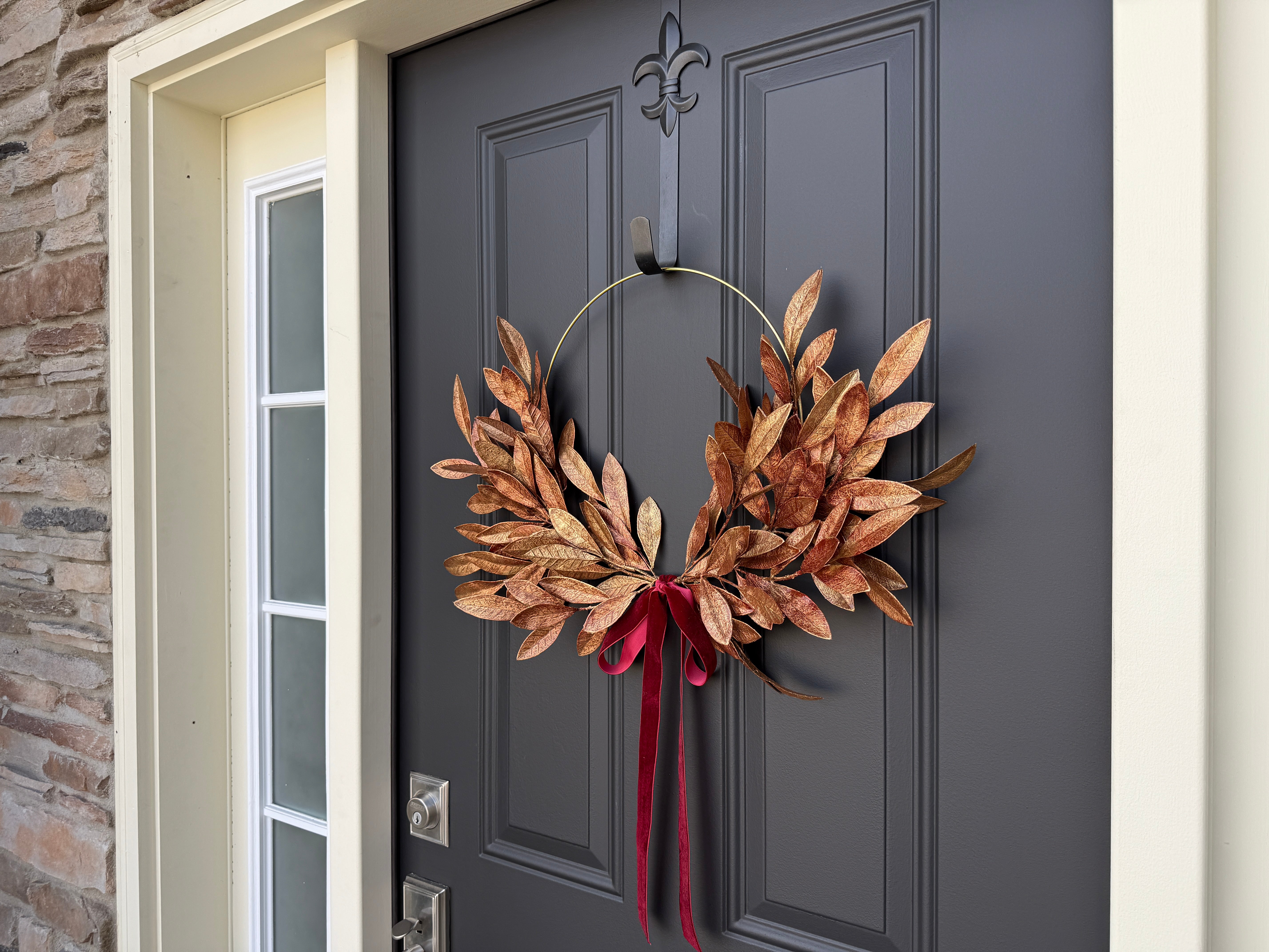 Gold Laurel Hoop Wreath | Autumn Door Décor with Red Velvet Bow