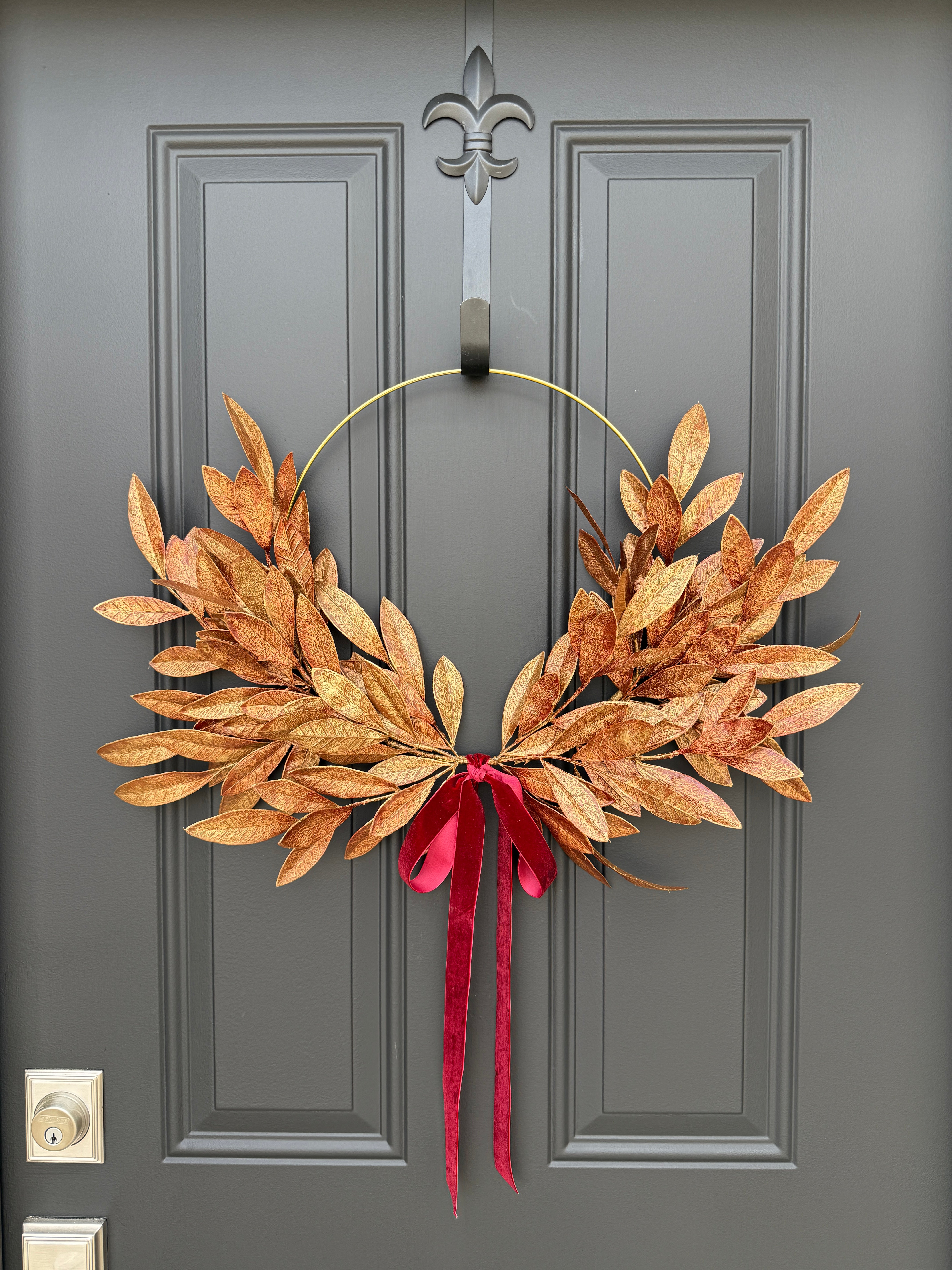 Gold Laurel Hoop Wreath | Autumn Door Décor with Red Velvet Bow