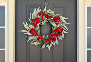 Red Poinsettia and Bay Leaf Wreath for Christmas Front Door