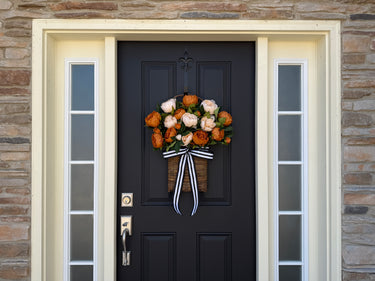 Coffee & Cream Peony Door Basket with Black Stripe Bow