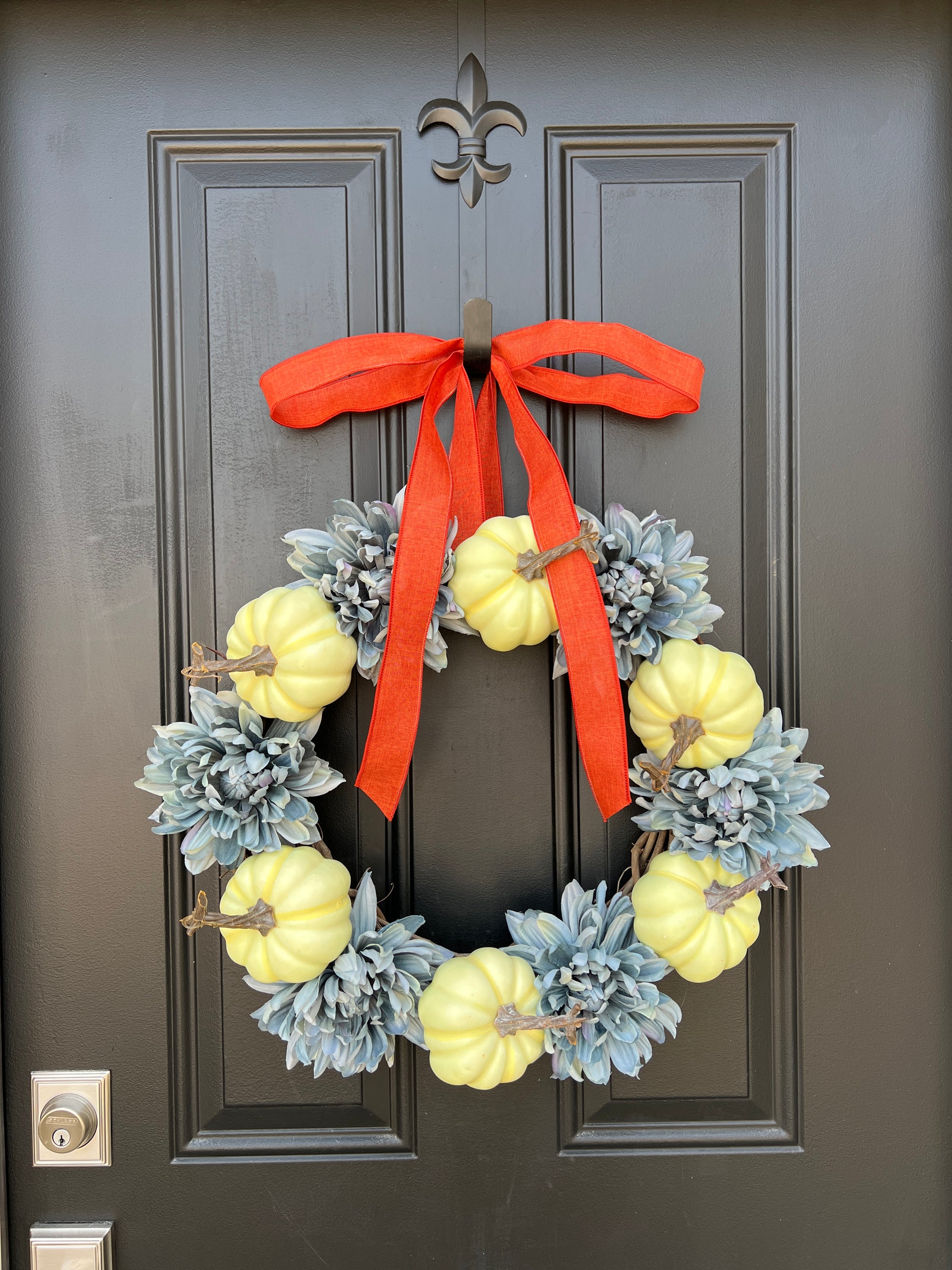 Cozy Fall Front Door Wreath with Pumpkins and Dahlias