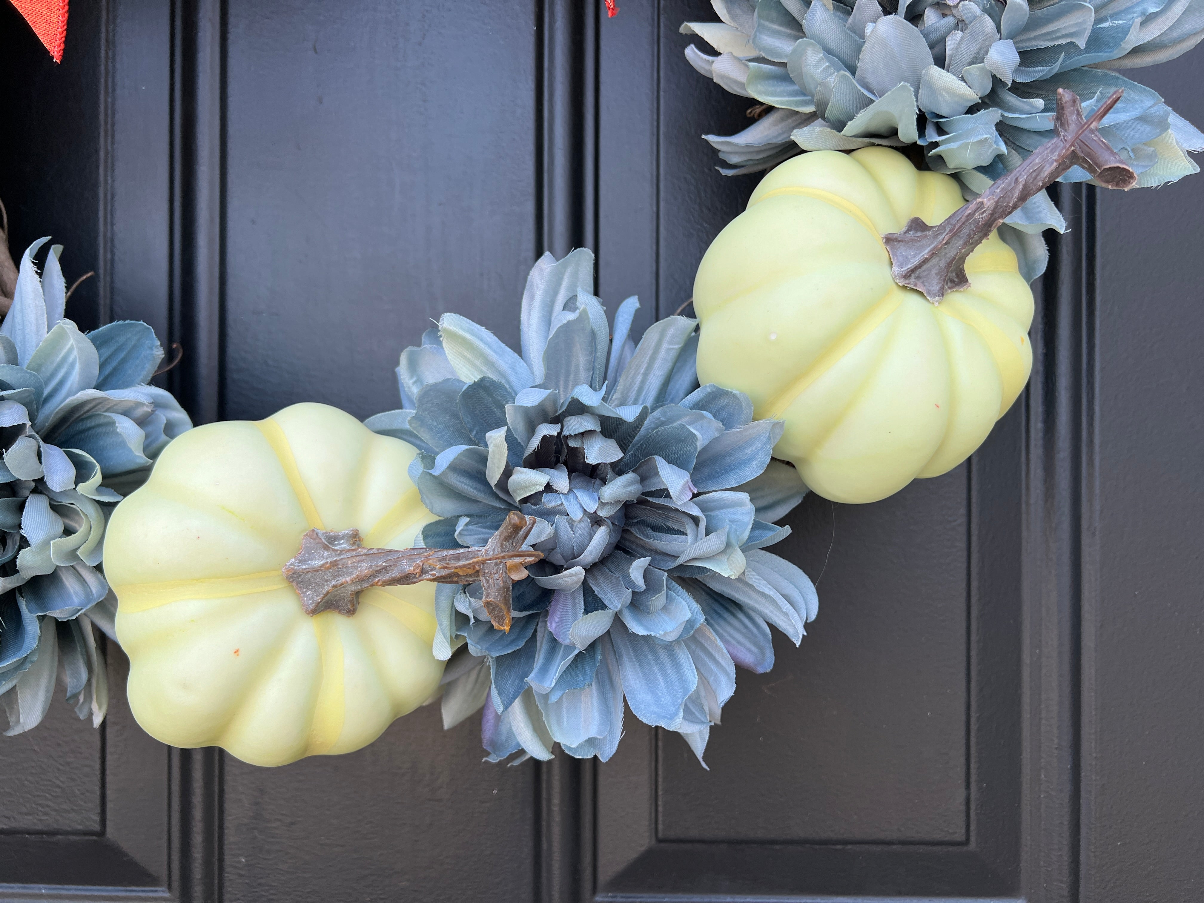 Cozy Fall Front Door Wreath with Pumpkins and Dahlias