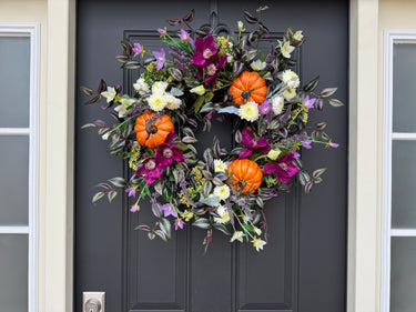 Purple Floral Pumpkin Wreath with White Fall Flowers