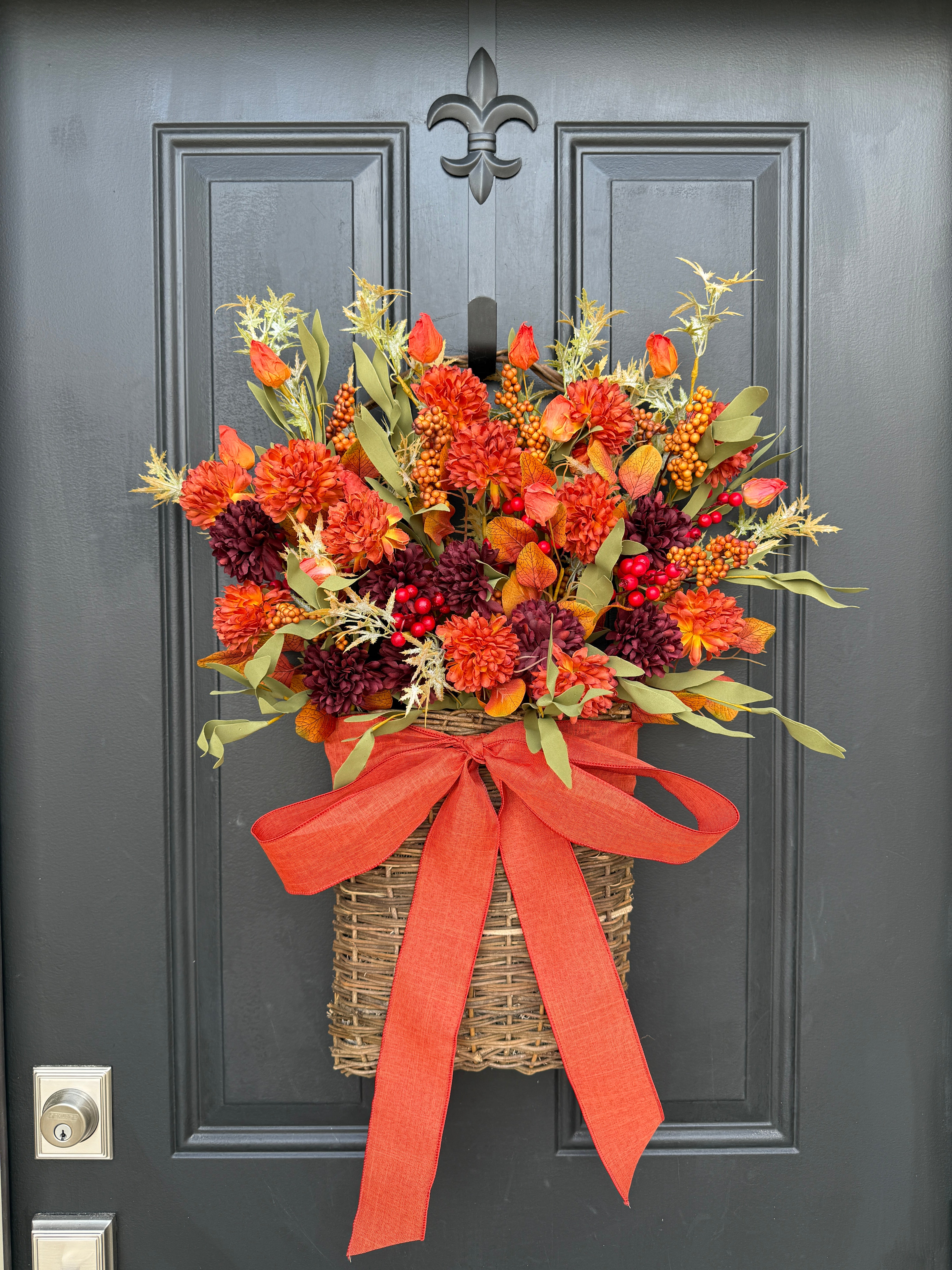 Fall Basket Door Hanger – Autumn Floral Arrangement with Bow