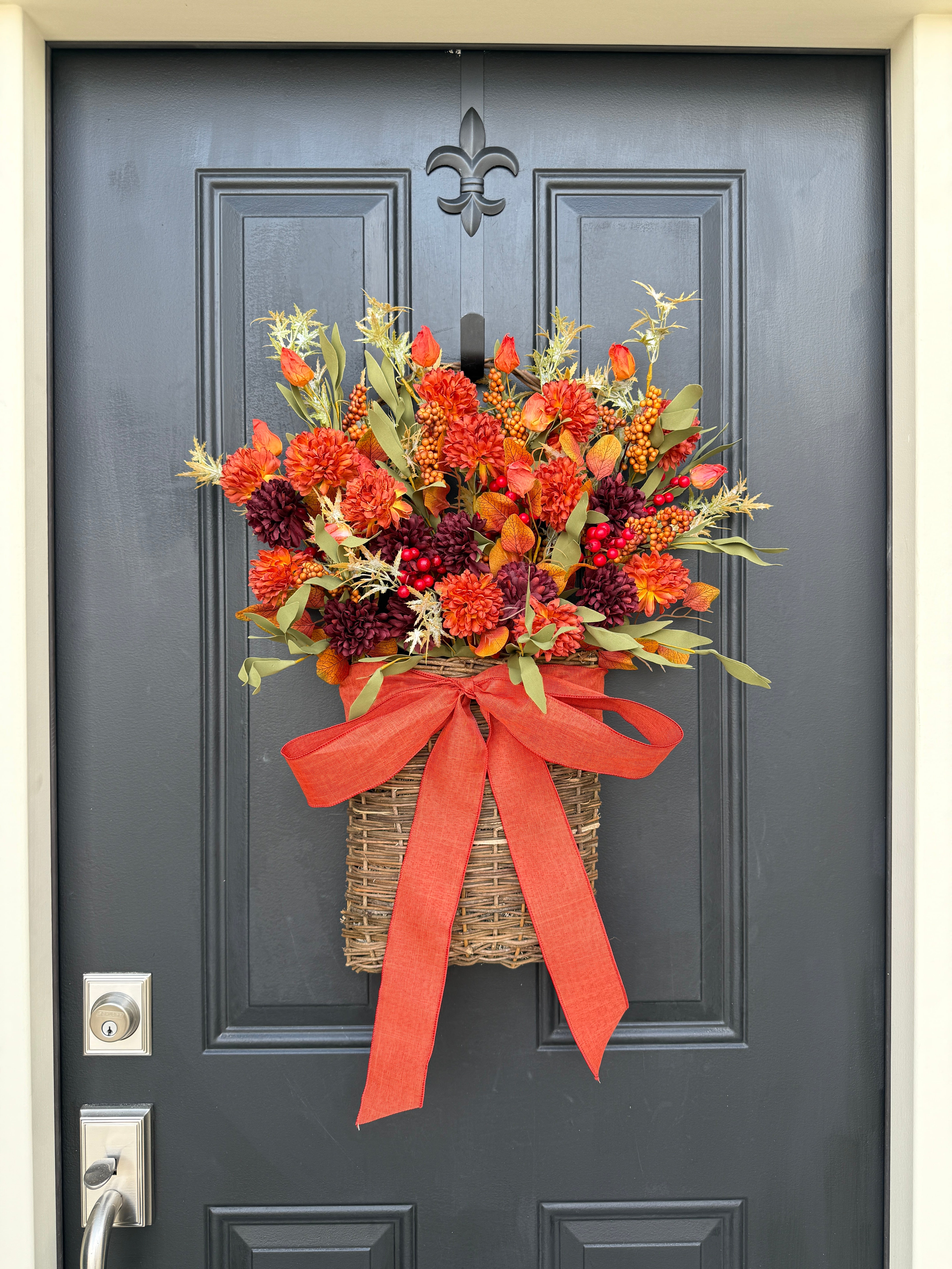 Fall Basket Door Hanger – Autumn Floral Arrangement with Bow