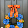 Vibrant Orange Pumpkin and Blue Hydrangea Wreath - TwoInspireYou