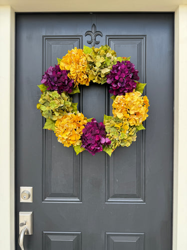 Hydrangea Wreath in Fall Jewel Tones – 22" Door or Wall Decor - TwoInspireYou