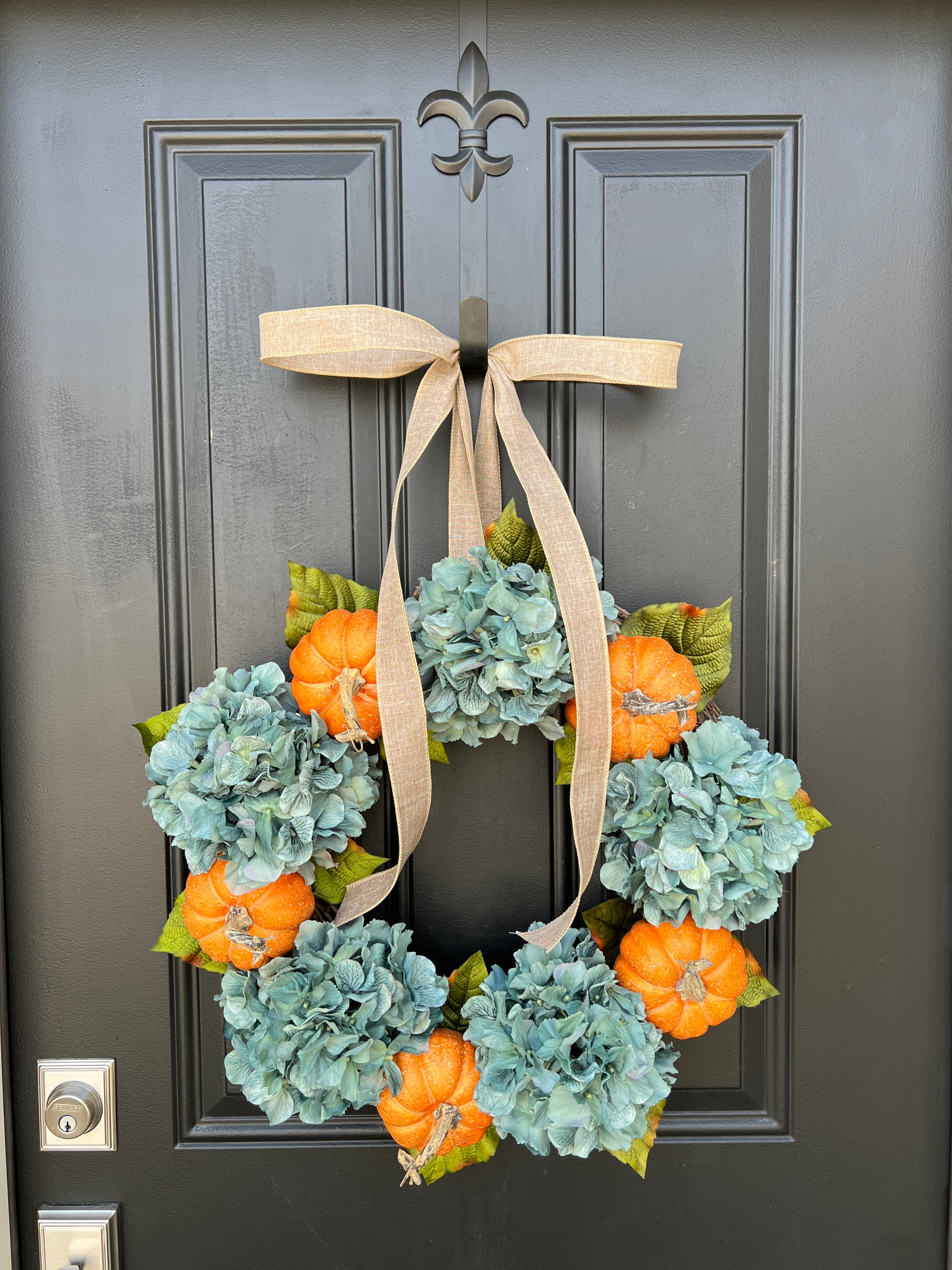 Modern Fall Hydrangea Wreath with Orange Pumpkins