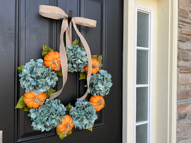Modern Fall Hydrangea Wreath with Orange Pumpkins - TwoInspireYou