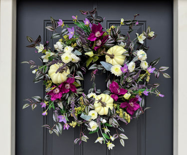 White Pumpkin Wreath with Purple Fall Flowers