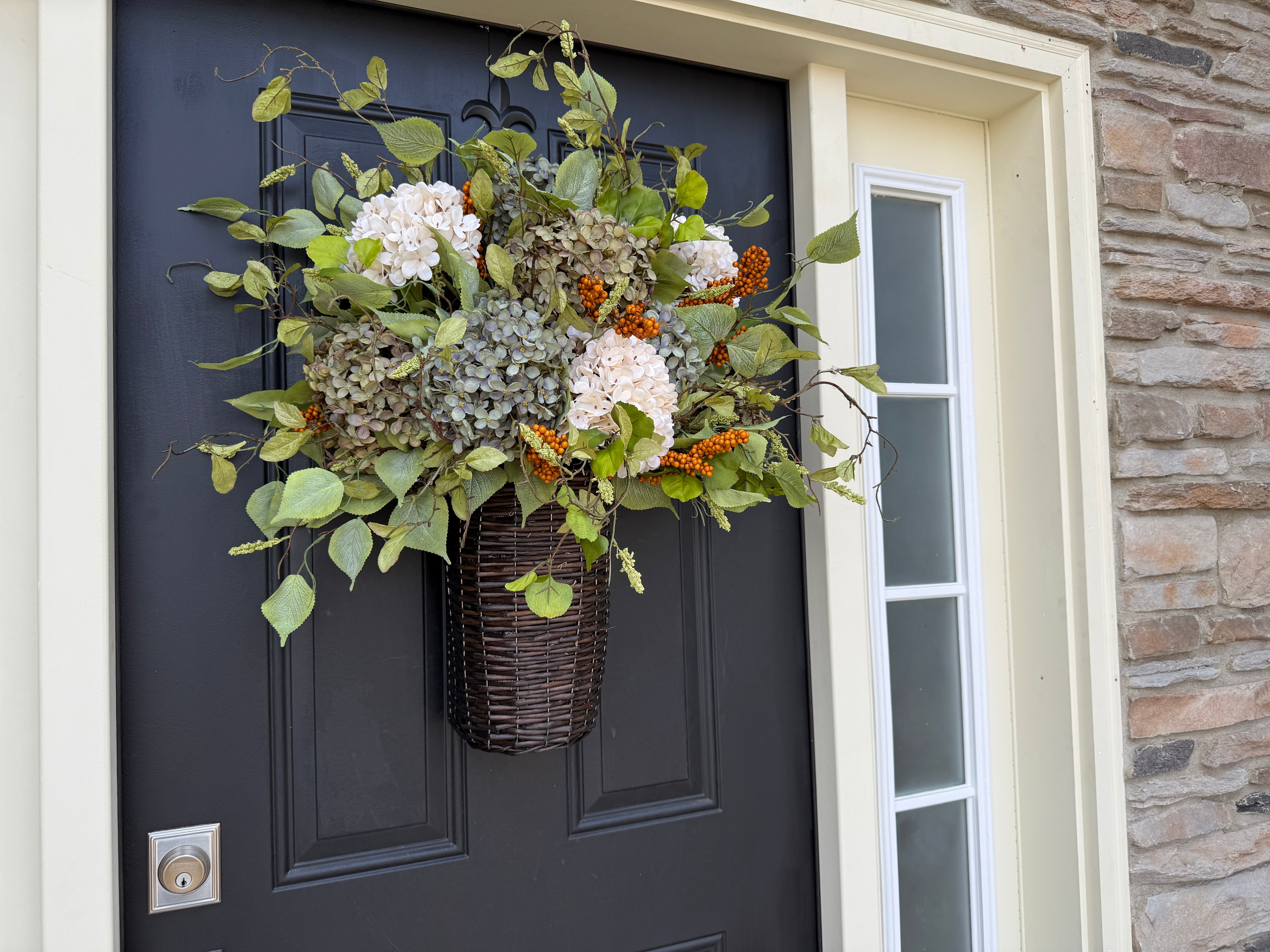 Hydrangea & Berry Fall Door Basket – Rustic Autumn Floral Hanger