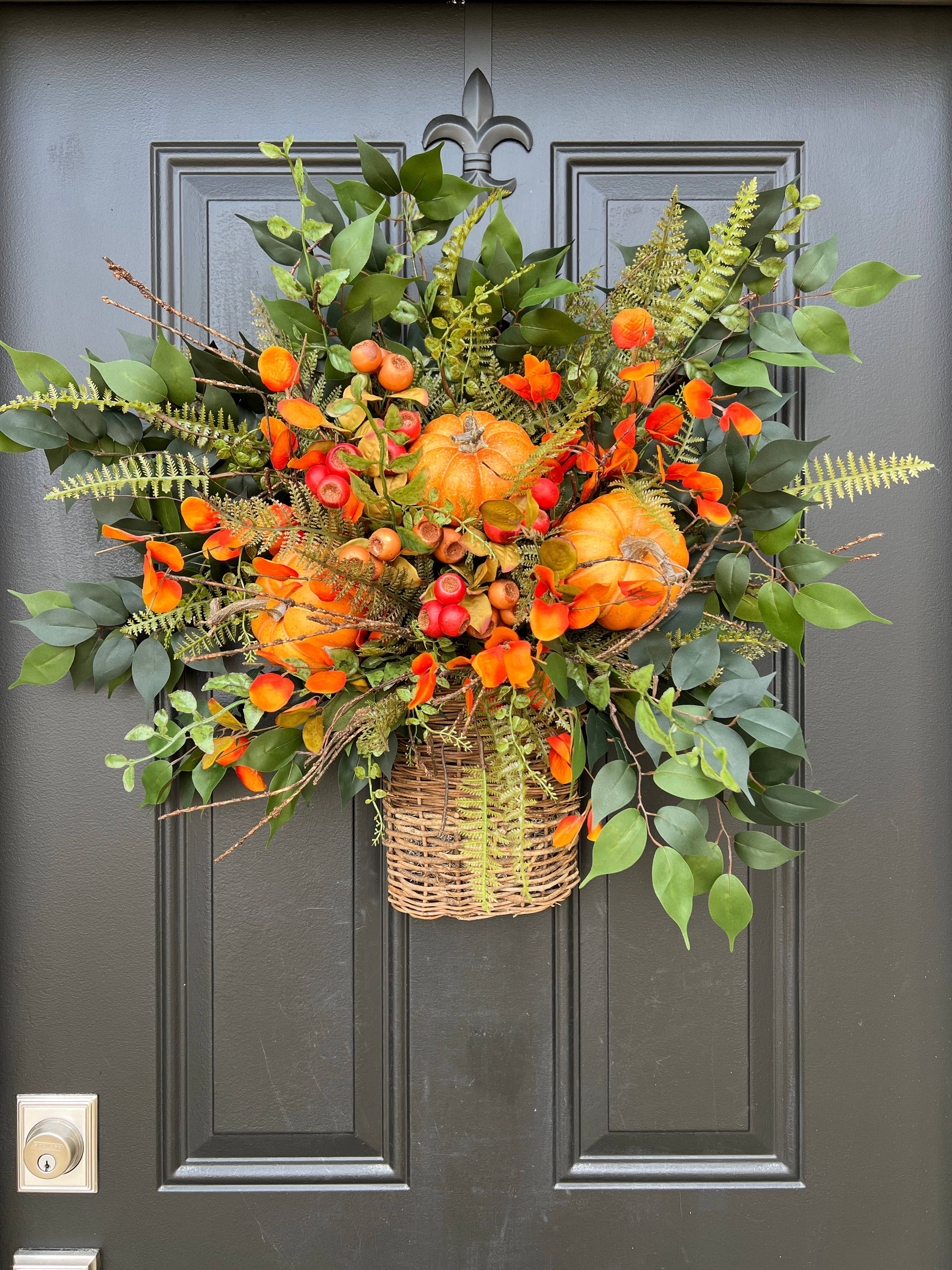 Fall Gatherings with Pumpkins Basket for Front Door