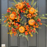 Vibrant Fall Front Door Wreath with Orange Eucalyptus, Fern, and Pumpkins - TwoInspireYou