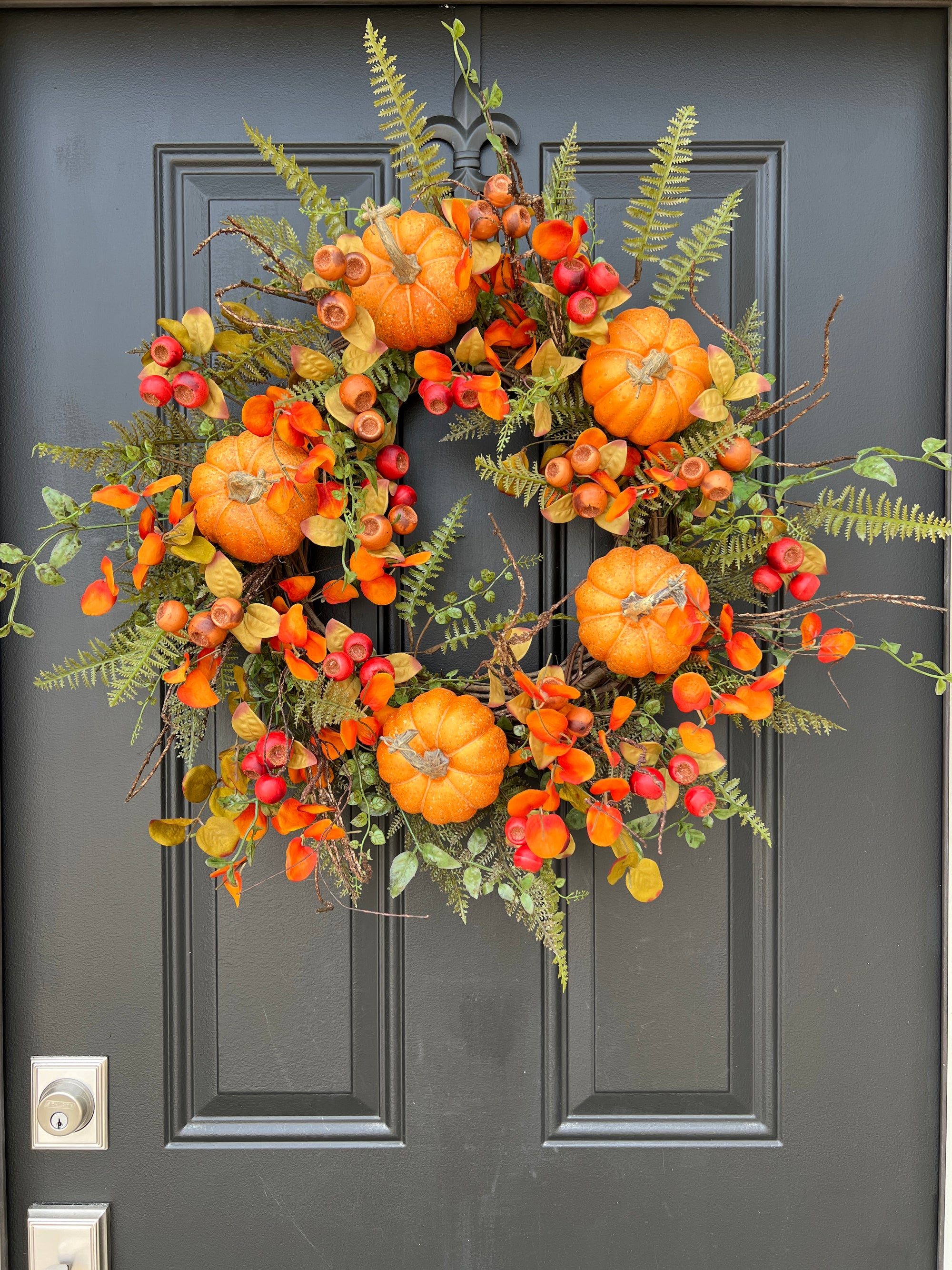 Vibrant Fall Front Door Wreath with Orange Eucalyptus, Fern, and Pumpkins