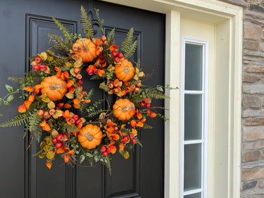 Vibrant Fall Front Door Wreath with Orange Eucalyptus, Fern, and Pumpkins - TwoInspireYou