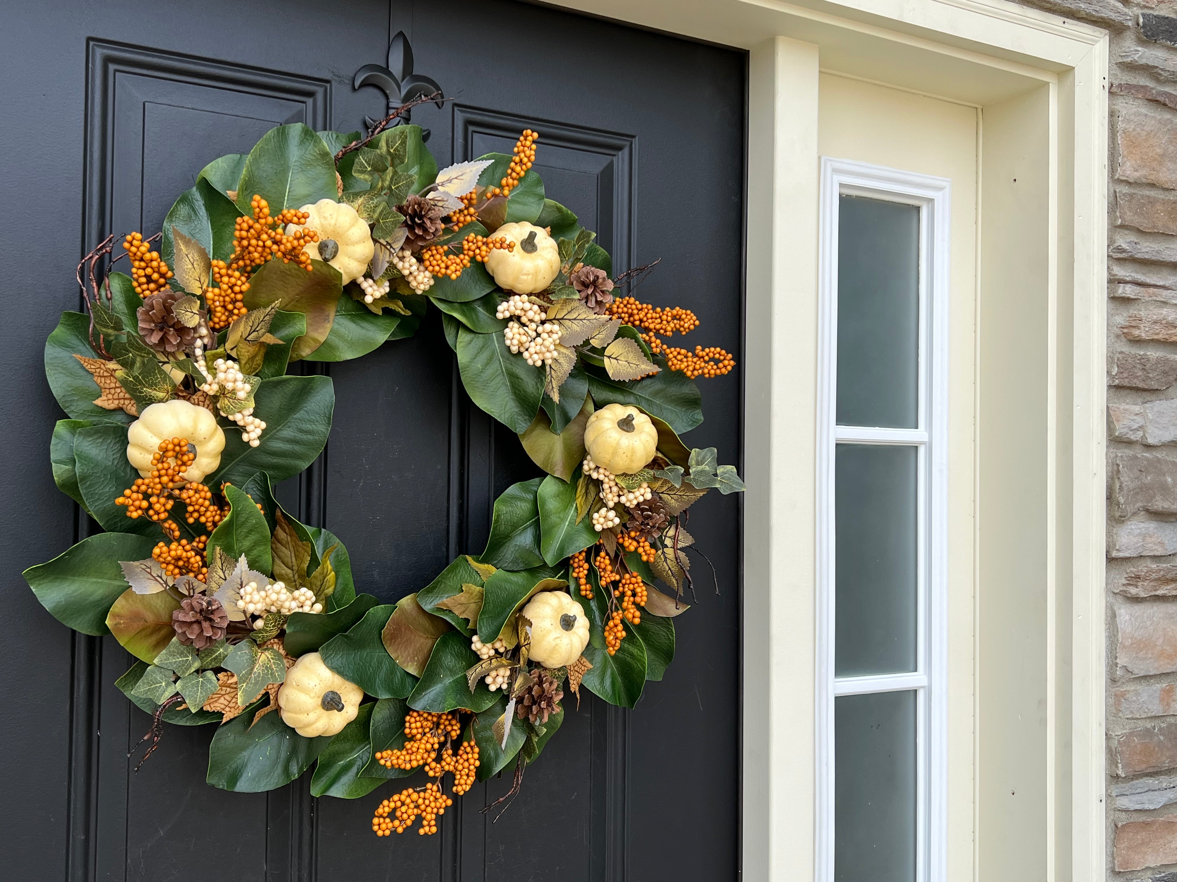 Farmhouse Fall Magnolia Wreath with Pumpkins and Orange Berries