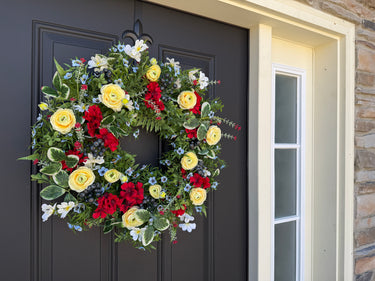 Red Geranium and Yellow Ranunculus Wreath - Summer Garden Wreath