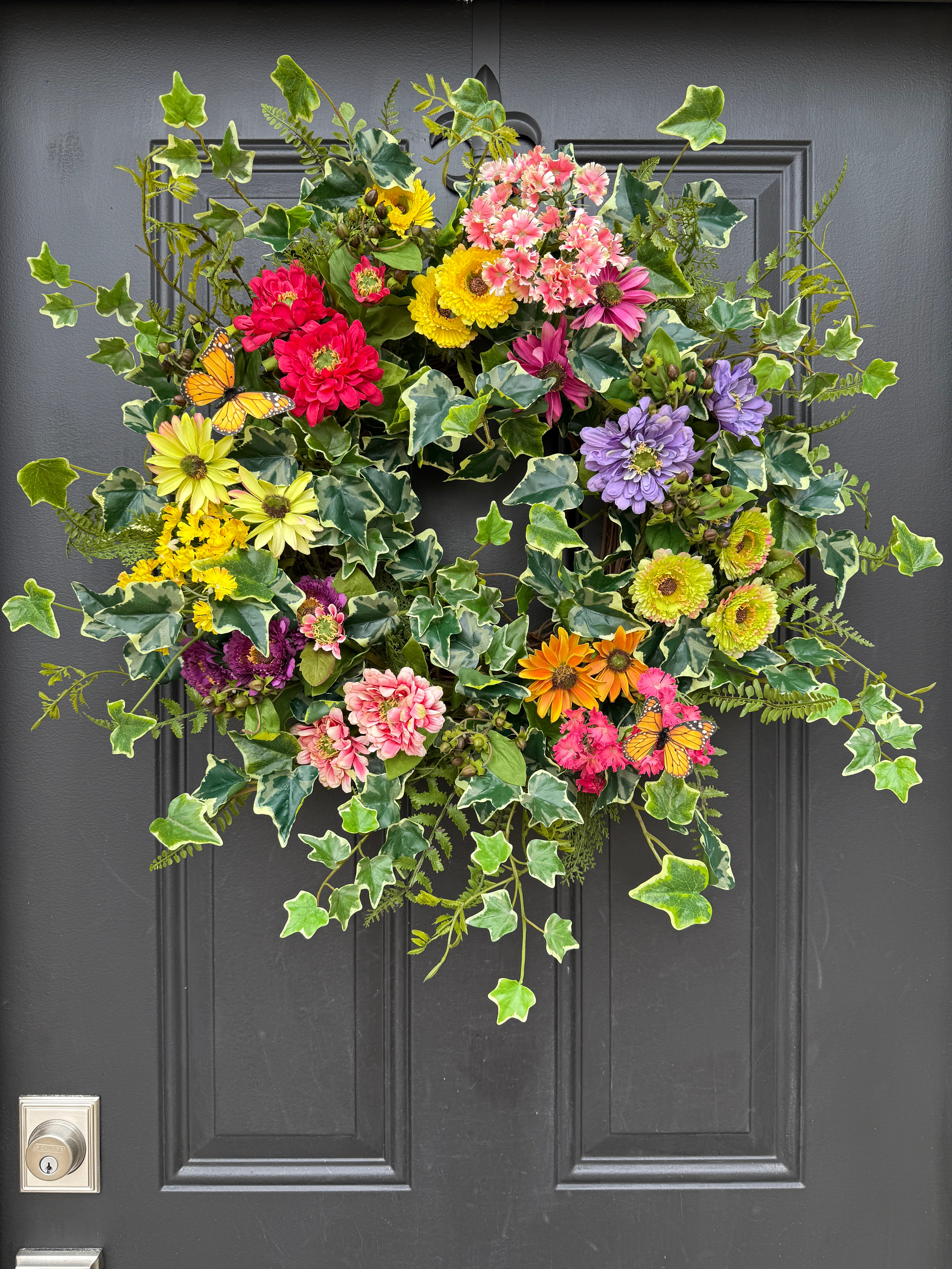 Garden Ivy Summer Wreath with Butterflies – Handmade Floral Door Decor