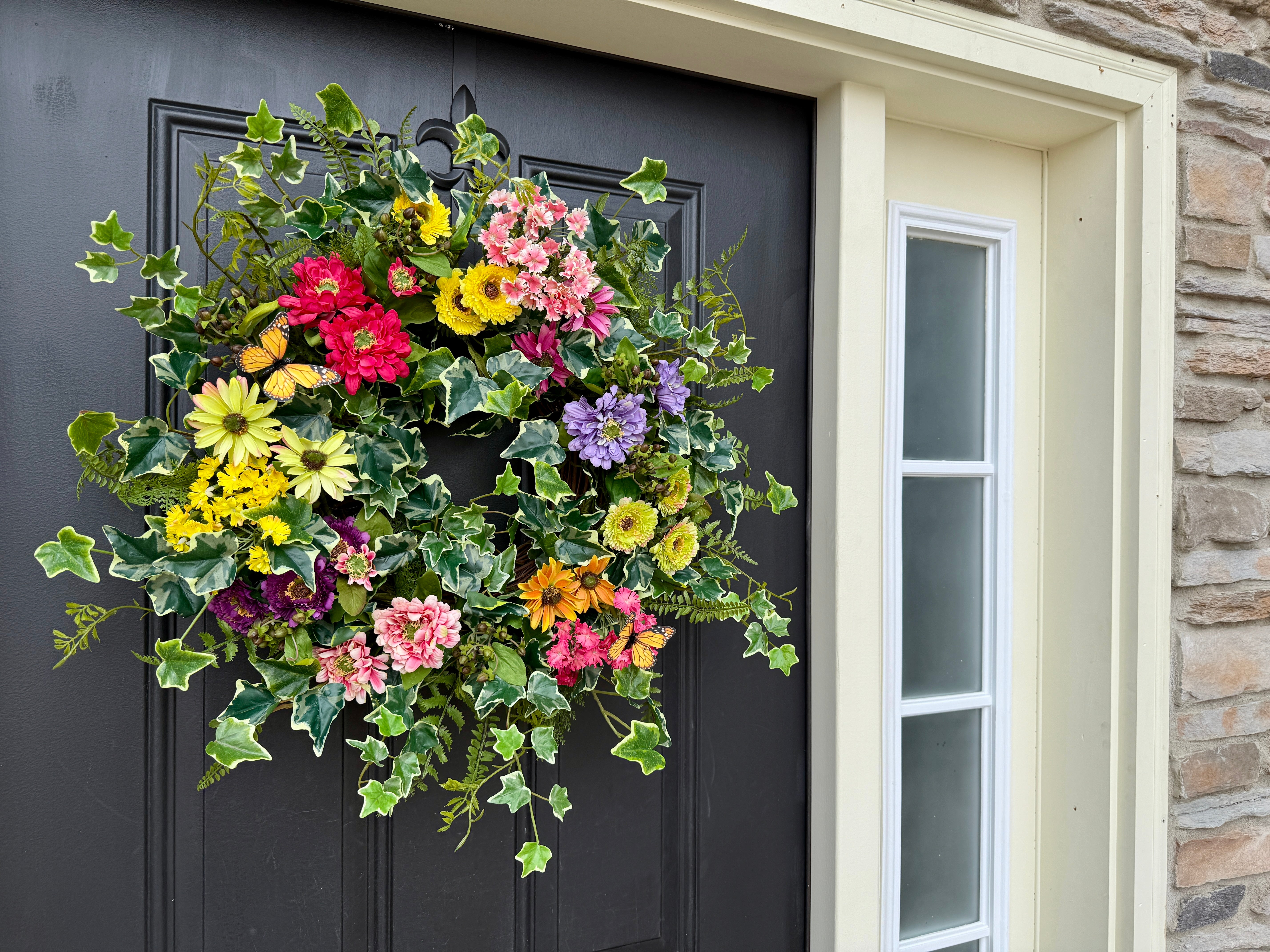 Garden Ivy Summer Wreath with Butterflies – Handmade Floral Door Decor