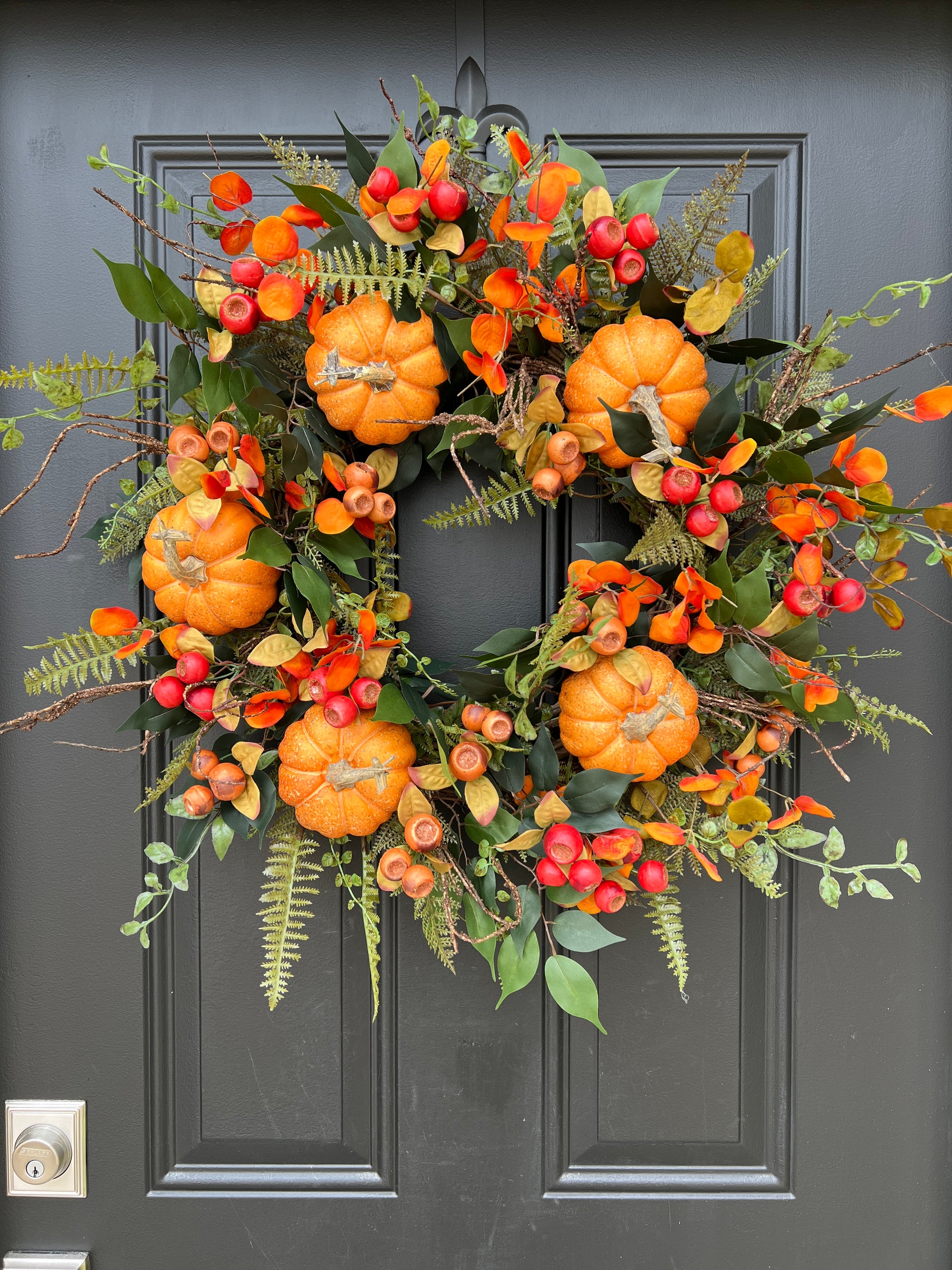 Lively Fall Front Door Wreath with Orange Eucalyptus, Fern, Pumpkins, and Ficus