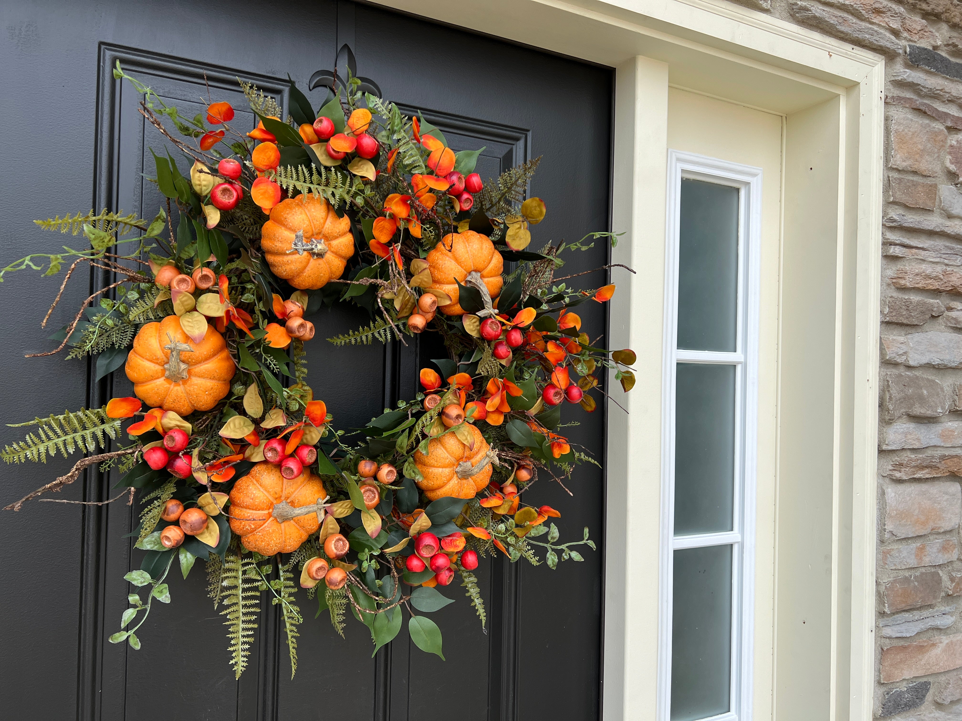 Lively Fall Front Door Wreath with Orange Eucalyptus, Fern & Pumpkins