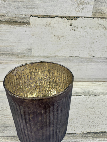 Dark Ribbed Glass Candle Holder with Gold Interior