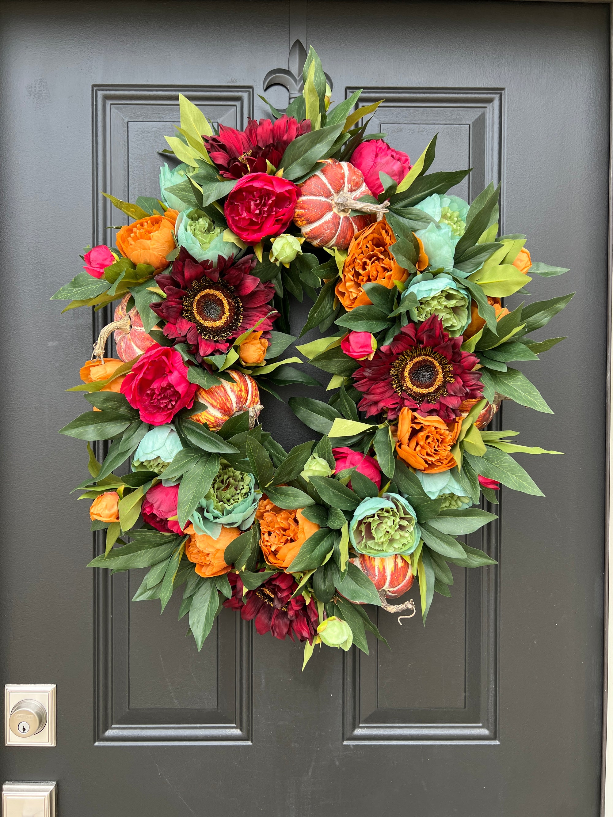 The Jewel of Autumn Wreath with Pumpkins and Red Sunflowers