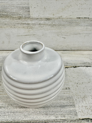 White Ribbed Ceramic Vase | Round Neutral Flower Vase
