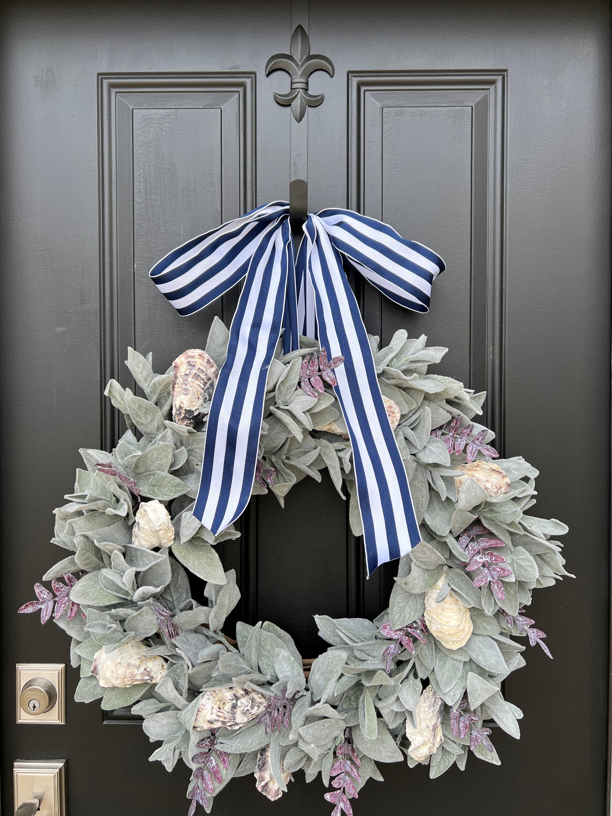 Coastal Beach House Fall Front Door Wreath with Lambs Ear and Oyster Shells