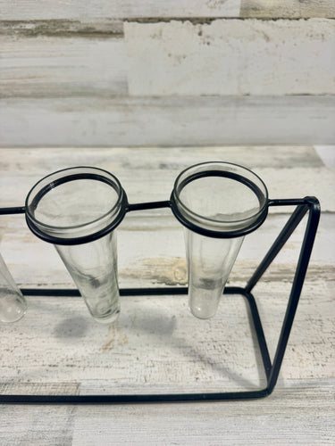 Black Metal Triple Bud Vase Stand with Glass Vases
