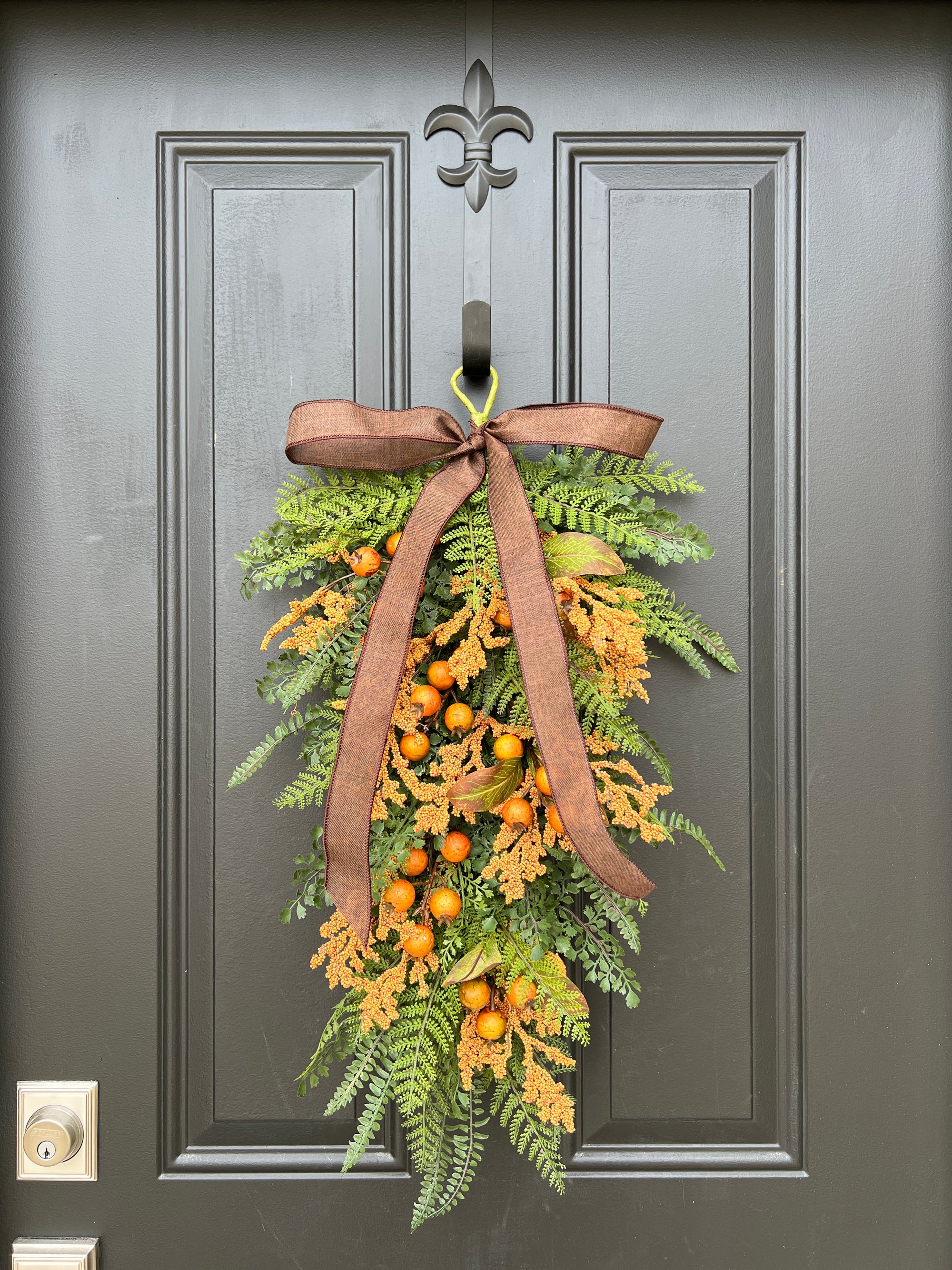 Cozy Fern Swag with Orange Fall Berry Clusters, Unique Fall Door Hanging