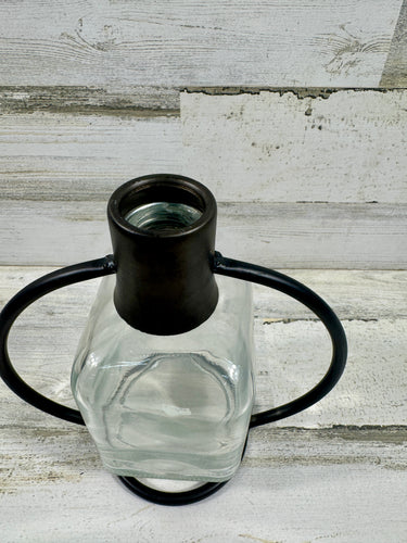 Clear Glass Bottle Vase with Black Metal Ring Frame