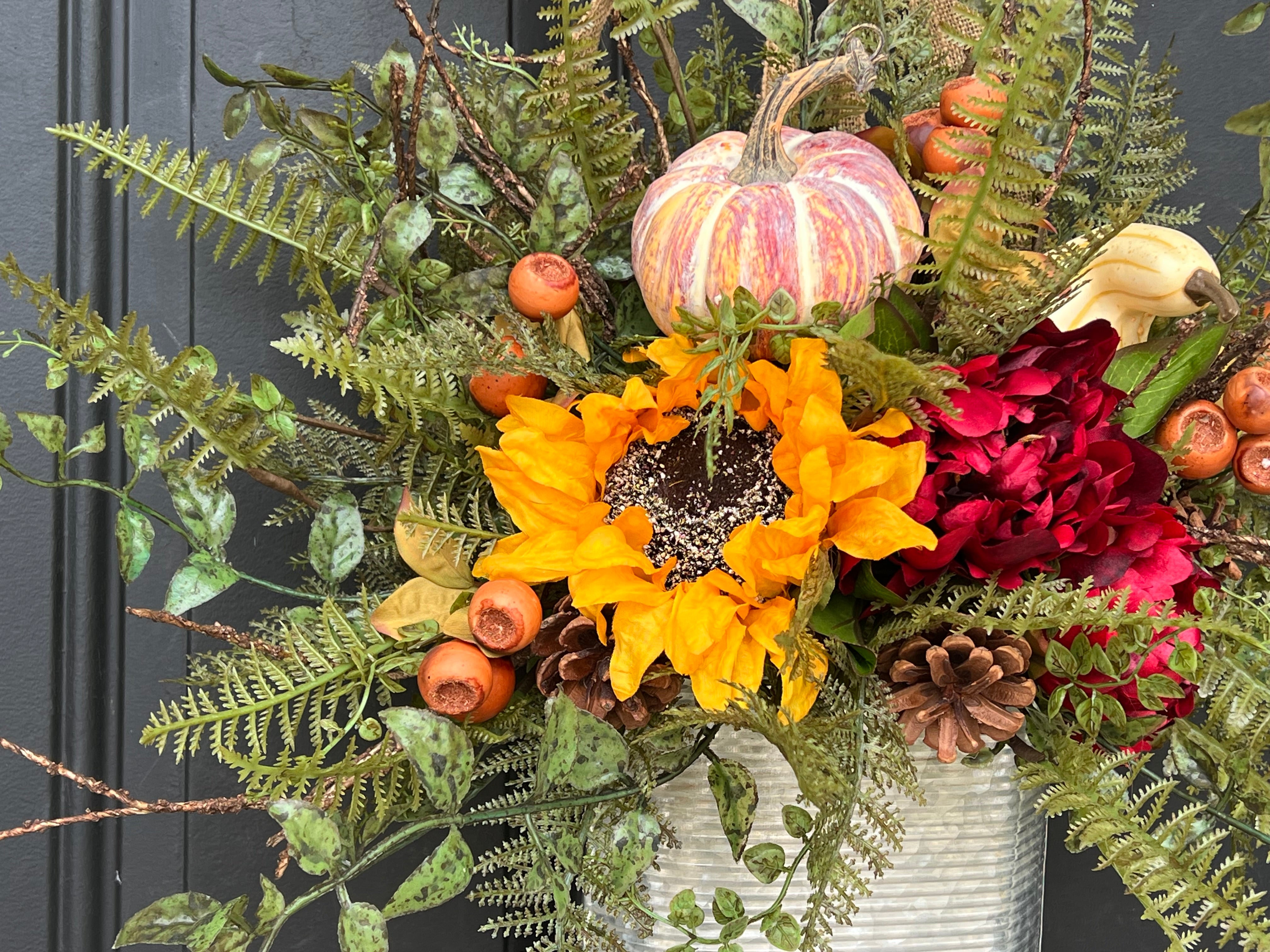 Fall Harvest Bucket Wreath with Sunflowers and Gourds