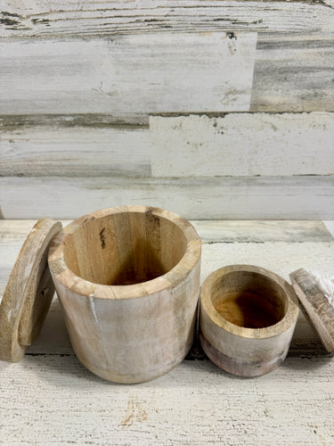 Wood Canisters with Carved Lids & Tassels – Set of 2