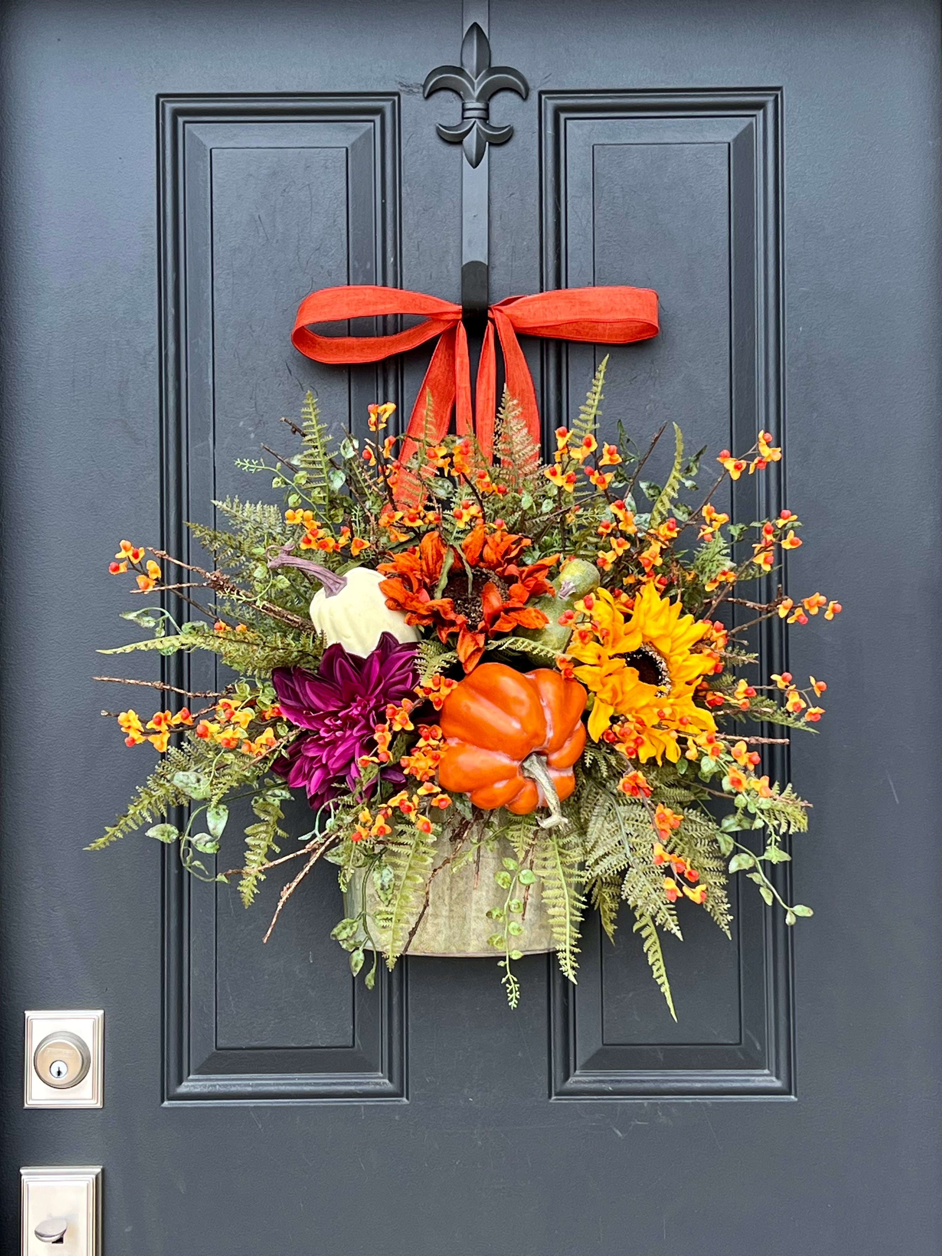 Bountiful Blessings Bucket Wreath with Pumpkins, Bittersweet and Sunflowers