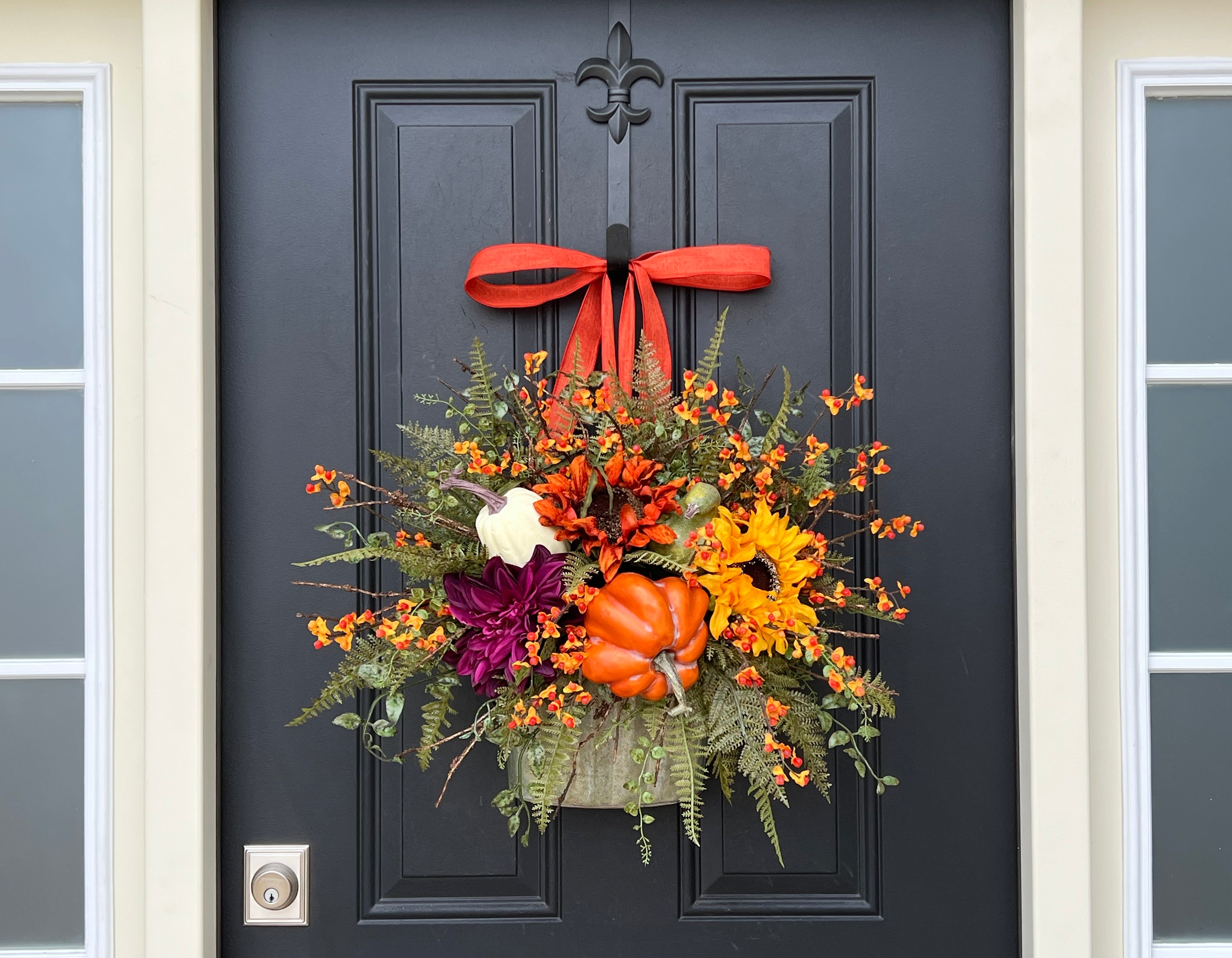 Bountiful Blessings Bucket Wreath with Pumpkins, Bittersweet and Sunflowers