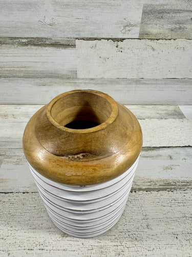 White & Natural Wood Ribbed Decorative Vase