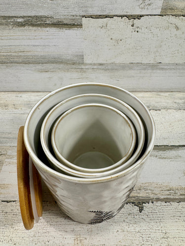 Set of 3 Fern Ceramic Canisters with Bamboo Lids