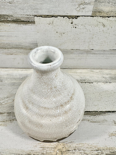 White Crackle Ceramic Vase with Natural Brown Base