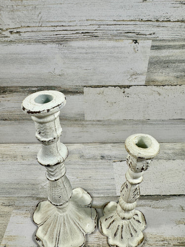 Distressed White Candlestick Holders – Set of 2