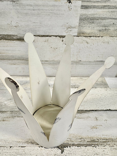Distressed White Crown Candle Holder – Metal Tabletop Décor