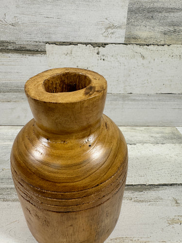Natural Wood Decorative Vase – Carved Ribbed Design